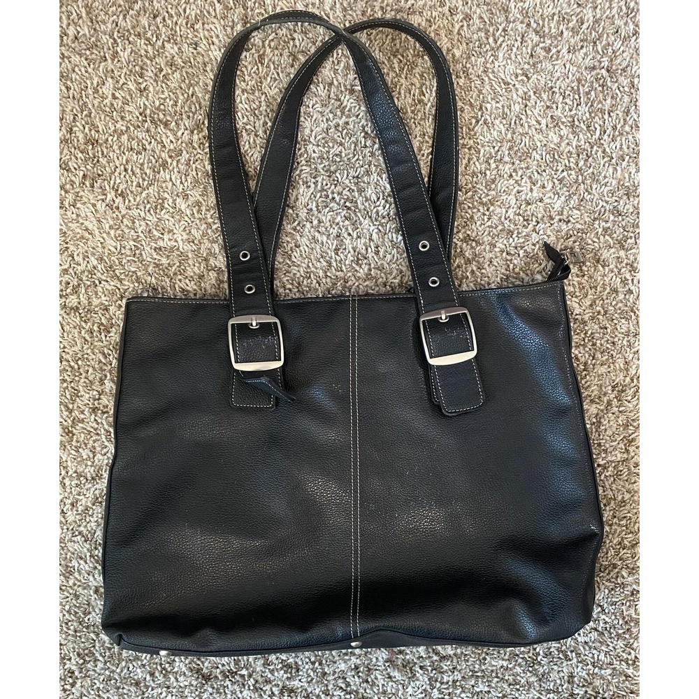 SOLO Black Leather Double Strap Computer Laptop Bag - Large with Red Interiors